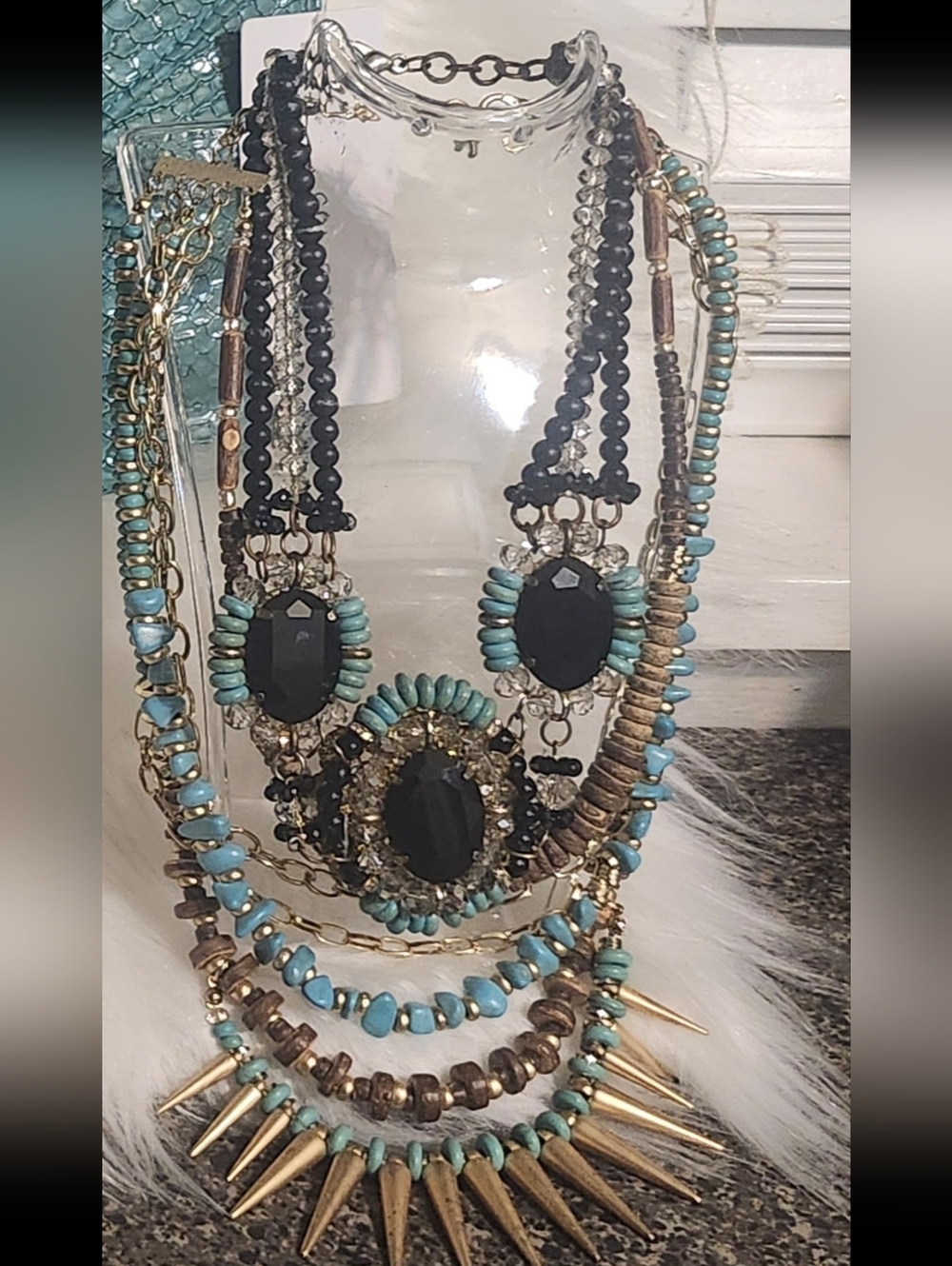 Two Turquoise and Black Beaded Statement Necklaces
